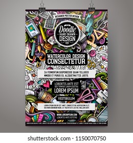 Cartoon hand drawn doodles Designer poster template. Very detailed, with lots of objects illustration. Funny vector artwork. Corporate identity design.