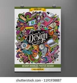 Cartoon hand drawn doodles Designer poster template. Very detailed, with lots of objects illustration. Funny vector artwork. Corporate identity design.
