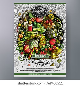 Cartoon hand drawn doodles Happy New Year poster design template. Very detailed, with lots of separate objects illustration. Funny vector artwork.