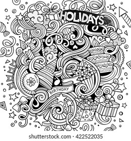 Cartoon hand drawn doodles holidays illustration. Line art detailed, with lots of objects vector design background
