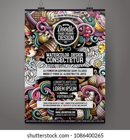 Cartoon hand drawn doodles Ice cream poster design template. Very detailed, with lots of objects illustration. Funny vector artwork.