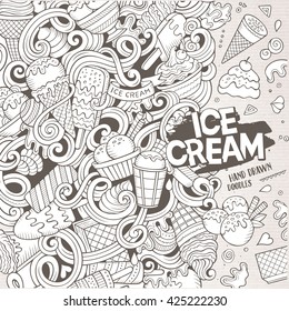 Cartoon hand drawn doodles Ice Cream illustration. Line art detailed, with lots of objects vector design background