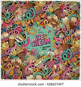 Cartoon hand drawn doodles Ice Cream illustration. Line art colorful frame detailed, with lots of objects vector design background