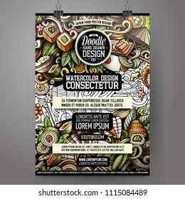 Cartoon hand drawn doodles Japanese food poster design template. Very detailed, with lots of separate objects illustration. Funny vector artwork.