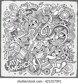 Cartoon hand drawn doodles Latin American illustration. Line art detailed, with lots of objects vector background