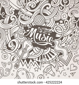 Cartoon hand drawn doodles Musical illustration. Sketchy line art detailed, with lots of objects vector background
