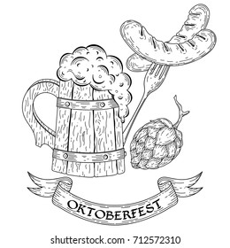 Cartoon hand drawn doodles Oktoberfest poster template. Detailed vector illustration with grilled sausage, hop, wooden beer mug. Beer festival flyer, bar menu background, sketch style