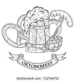 Cartoon hand drawn doodles Oktoberfest poster template. Detailed vector illustration with grilled sausage, hop, wooden beer mug, pretzel. Beer festival flyer, bar menu background, sketch style