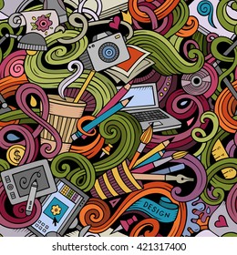 Cartoon hand drawn doodles on the subject of Design and art theme seamless pattern. Colorful detailed, with lots of objects vector background