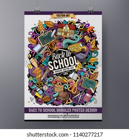 Cartoon hand drawn doodles School poster design template. Very detailed, with lots of separate objects illustration. Funny vector artwork.