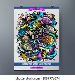 Cartoon hand drawn doodles Sea life poster design template. Very detailed, with lots of separate