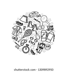 Cartoon hand drawn doodles Sport poster template. Funny vector artwork. Corporate identity design.