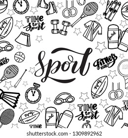 Cartoon hand drawn doodles Sport poster template. Funny vector artwork. Corporate identity design.
