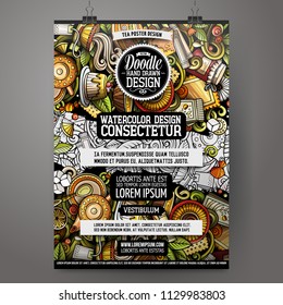 Cartoon hand drawn doodles Tea poster design template. Very detailed, with lots of separate objects illustration. Funny vector artwork.