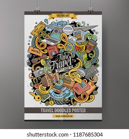 Cartoon hand drawn doodles Traveling poster design template. Very detailed, with lots of objects illustration. Funny vector artwork.