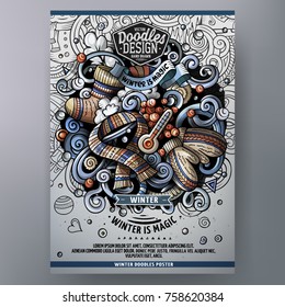 Cartoon hand drawn doodles Winter poster design template. Very detailed, with lots of separate objects illustration. Funny vector artwork.