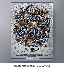 Cartoon hand drawn doodles Winter poster design template. Very detailed, with lots of separate objects illustration. Funny vector artwork.