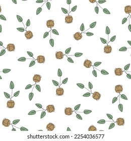 Cartoon hand drawn drawing potted plant background. Continuous line drawing of fashion. Suitable for wrapping gifts, flowers. Vector illustration set.