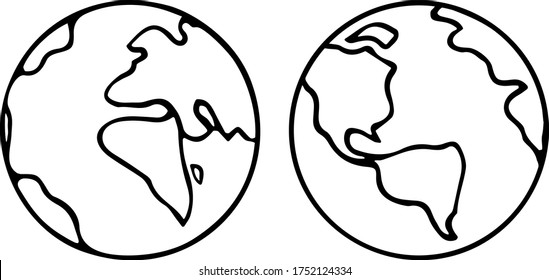 Cartoon hand drawn Earth. Two views of the planet. America Europe and Africa on the world map. Outline drawing. Stylized vector illustration in doodling style isolated on white background.