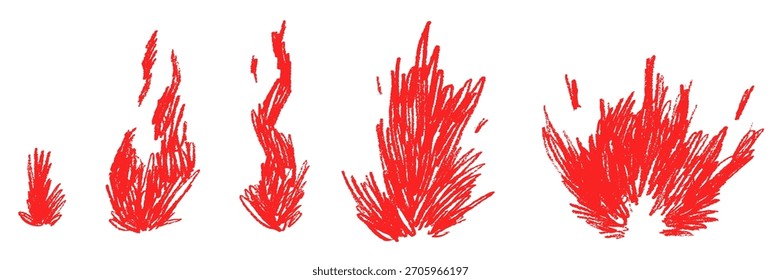Llama de fuego dibujada a mano de dibujos animados o fogata ardiente en estilo simple garabato. Colección divertidos Elementos grunge. Ilustración vectorial de los niños para la etiqueta engomada, Anuncio, tatuaje.