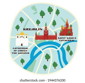 Cartoon hand drawn flat map of the center of  Moscow with Kremlin and Cathdrals.  Funny cute European Russian city illustrated map. Vector illustration