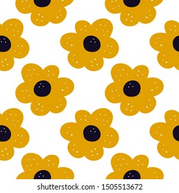 Cartoon hand drawn flowers seamless pattern background.  Design for fabric, wrapping, textile, wallpaper, apparel.
