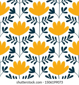 Cartoon hand drawn flowers seamless pattern background.  Design for fabric, wrapping, textile, wallpaper, apparel.
