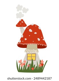 Cartoon hand drawn Fly agaric mushroom house isolated  background. Forest fairytale house. Hand drawn vector illustration