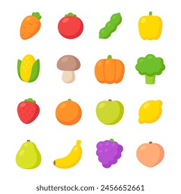 Iconos de frutas y verduras dibujados a mano. Lindos y simples diseños coloridos, conjunto de Ilustración vectorial. Estilo plano sin líneas.