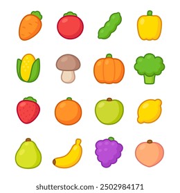 Cartoon hand drawn fruit and vegetable icons. Cute and simple colorful designs, vector illustration set. Marzipan candy.