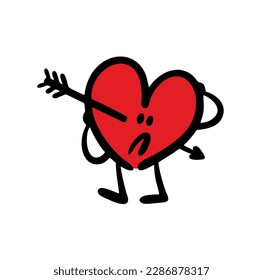 Cartoon hand drawn frustrated character heart pierced by a sharp arrow. Vector illustration for Valentines day of person in love.