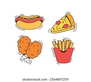 Cartoon hand drawn fun fast food illustration from pizza chicken potato and hot dog