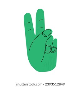 Cartoon hand drawn Hand gesture V sign for victory or peace. Peace love concept. Flat vector illustration isolated on white background. Vector illustration EPS 10.