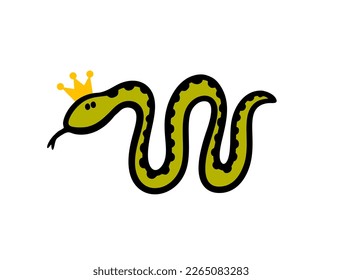 Cartoon hand drawn green snake with crown on her head. Vector illustration of outline character.