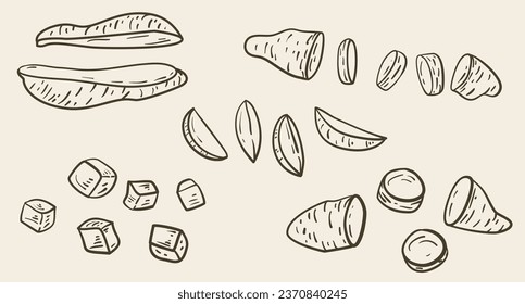 Cartoon hand drawn half or piece of sweet potato in flat doodle style. Decoration or design element for kitchen menu, health food, farm plant. Sketch vector illustration.