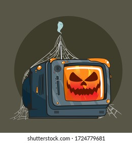 Cartoon hand drawn halloween old vintage television, TV, with face of horror pumpkin with spider web and ghoust
