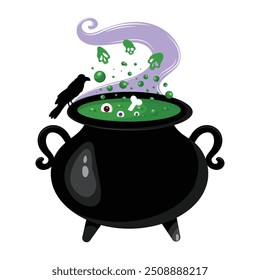 Cartoon hand drawn Halloween witch cauldron, magic pot with green potion. Vector steel boiler with boiling magic brew and crow. Isolated spooky item for wizard, sorceress or mage, kettle with poison. 