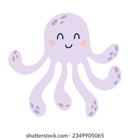 Cartoon hand drawn happy baby octopus on isolated white background. Character of the sea animals for the logo, mascot, design. Vector illustration