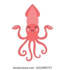 Cartoon hand drawn happy baby squid on isolated white background. Character of the sea animals for the logo, mascot, design.