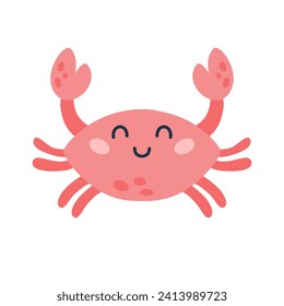 Cartoon hand drawn happy baby crab on isolated white background. Character of the sea animals for the logo, mascot, design.