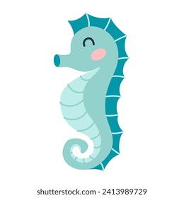 Cartoon hand drawn happy baby sea horse on isolated white background. Character of the sea animals for the logo, mascot, design.