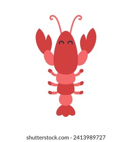 Cartoon hand drawn happy lobster on isolated white background. Character of the sea animals for the logo, mascot, design.