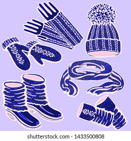 cartoon hand drawn hat with a pompom, scarf, mittens and shoes with knitted cuffs. Set knitted seasonal winter traditional accessories with ornament vector illustration