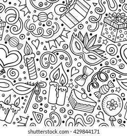 Cartoon hand drawn holidays seamless pattern. Lots of symbols, objects and elements. Perfect funny vector background.