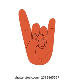 Cartoon hand drawn Hand horns sign gesture, horn sign, Rock on gesture symbol, Heavy metal. Colorful flat vector illustration isolated on white background. Vector illustration. EPS 10.