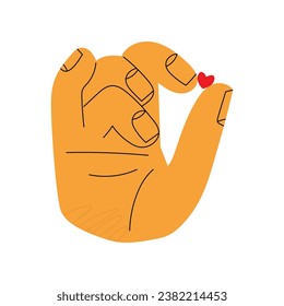 Cartoon hand drawn huge yellow hand with small heart. Illustration on simple modern style. Colorful flat vector illustration isolate on a white background. Valentines day, love, romance, gift concept.