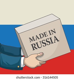 Cartoon, hand drawn human hands, holding a box, with made in Russia sign, and a flag background, vector illustration