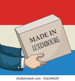 Cartoon, hand drawn human hands, holding a box, with made in Luxembourg sign, and a flag background, vector illustration