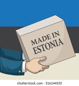 Cartoon, hand drawn human hands, holding a box, with made in Estonia sign, and a flag background, vector illustration