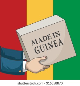 Cartoon, hand drawn human hands, holding a box, with made in Guinea sign, and a flag background, vector illustration
